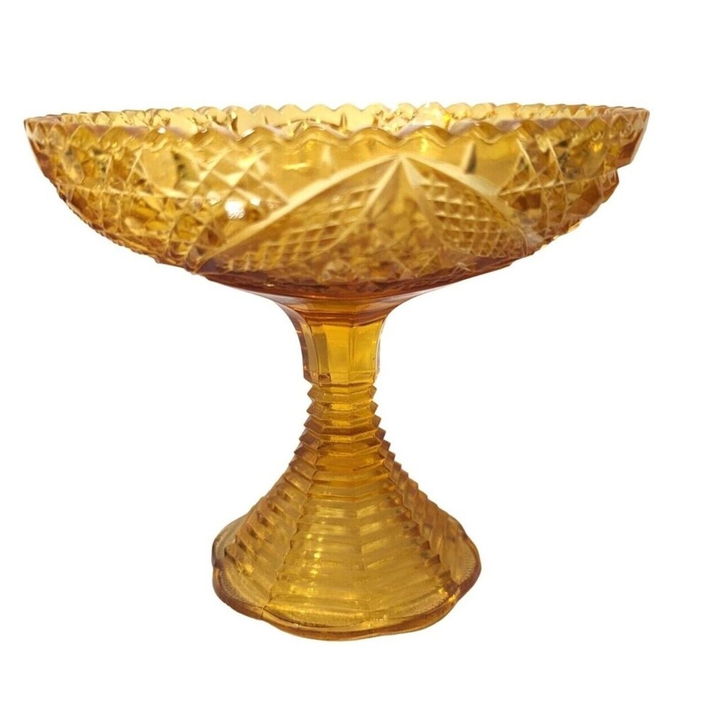 Kemple Amber Pedestal Glass Bowl Prescut Star Floral Cane Band Vintage 1940 5-in